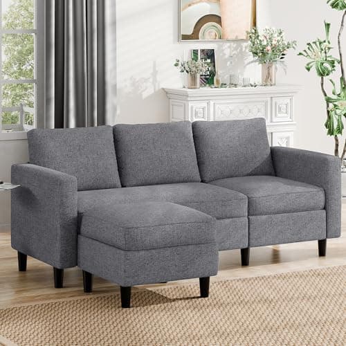 JAMFLY Dark Grey L-Shaped Sectional Sofa with Ottoman for Small Spaces