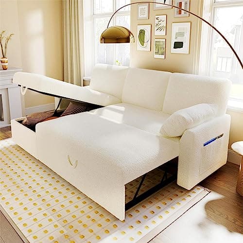 VanAcc 2-in-1 Sleeper Sofa Bed with White Sherpa Chaise and Storage