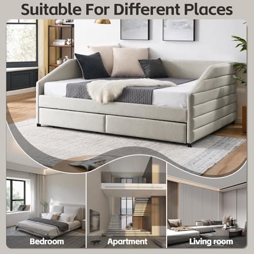 JEEOHEY Queen Size Daybed with Storage, Modern Linen Upholstered Sofa Bed for Living Room and Guest Room, Beige