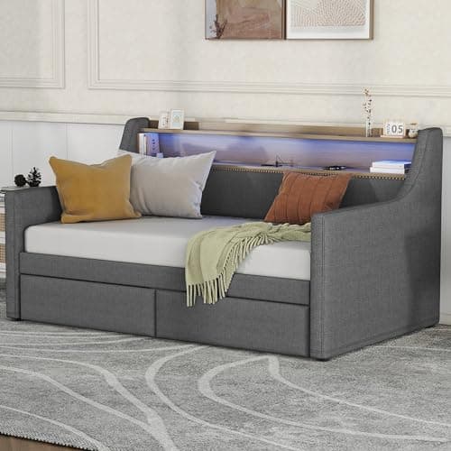 Twin Size Daybed with Storage Drawers, Charging Station and LED Lights, Gray Linen Fabric