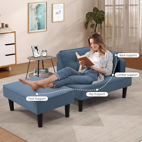 SEJOV Convertible Recliner Sofa Bed, Small Living Room Sectional with Chaise & 2 Pillows, Linen Blue