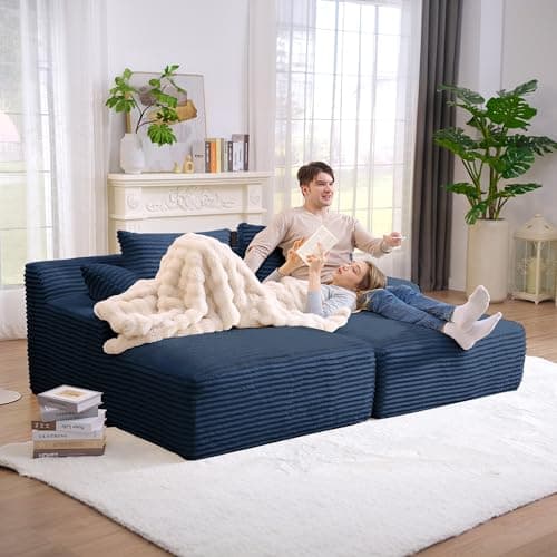 Eafurn Corduroy Upholstered Chaise Lounge Sofa with Ottoman & Cupholders