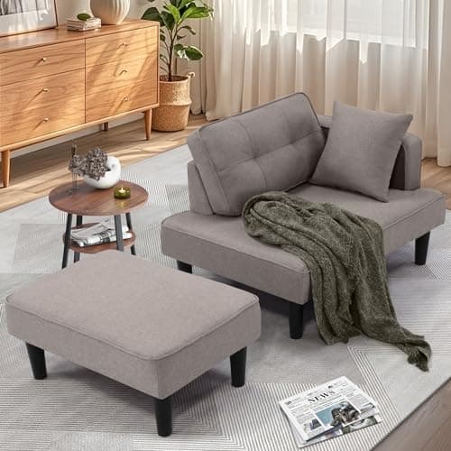 SEJOV Convertible Recliner Sofa Bed, Small Living Room Sectional with Chaise & 2 Pillows, Linen Blue