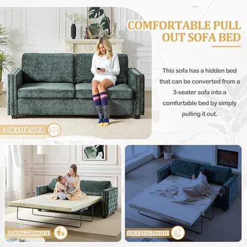 Chenille Convertible Sleeper Couch Bed, Full Size Memory Foam Mattress(Green)
