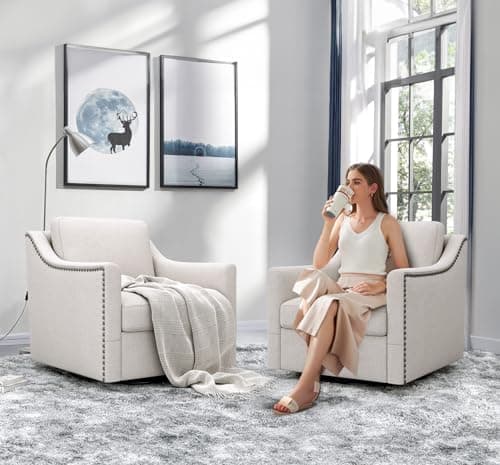 Set of 2 Swivel Barrel Chairs with Nailhead Trim for Nursery, Living Room, Bedroom, Office