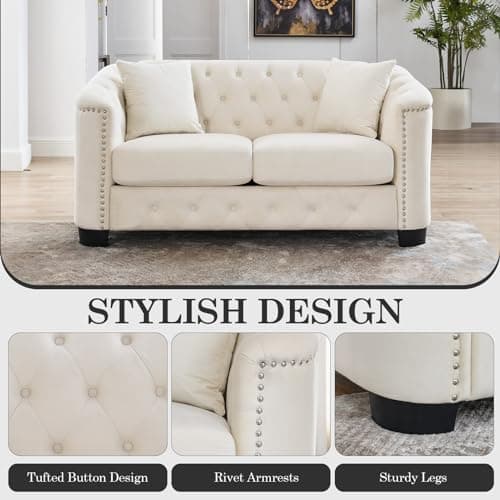 JEEOHEY Velvet Chesterfield Sofa, Oversized Loveseat with Button Nailhead Beige