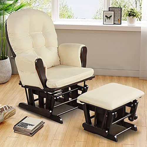 Costzon Brown Wood Glider Rocker with Storage & Padded Arms