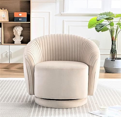 Elegant Ivory Barrel Swivel Chair with Velvet Upholstery and Smooth 360° Rotation