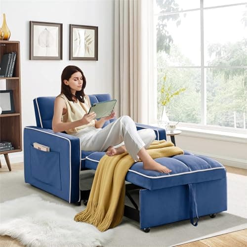 3-in-1 Convertible Sleeper Chair Bed with Adjustable Backrest and Side Pockets, Velvet Upholstered Recliner for Living Room/Office/Small Spaces (Grey)