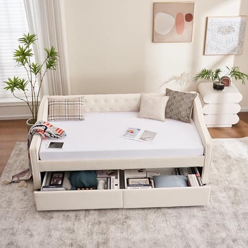 Beige Twin Size Daybed with Storage and USB Port