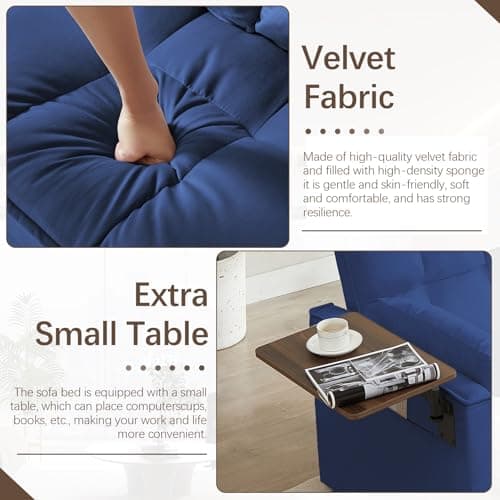 JEEOHEY 3-in-1 Reclining Sleeper Sofa Bed, Velvet & Chaise Lounge (Blue)