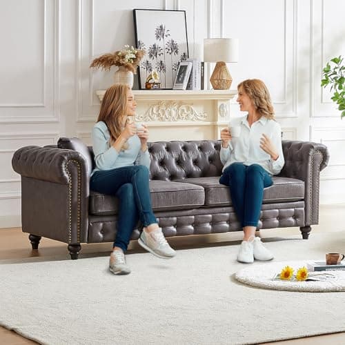 Mid-Century Modern Grey 3-Seater Oversized Sofa, Button Tufted & Nailhead Trim