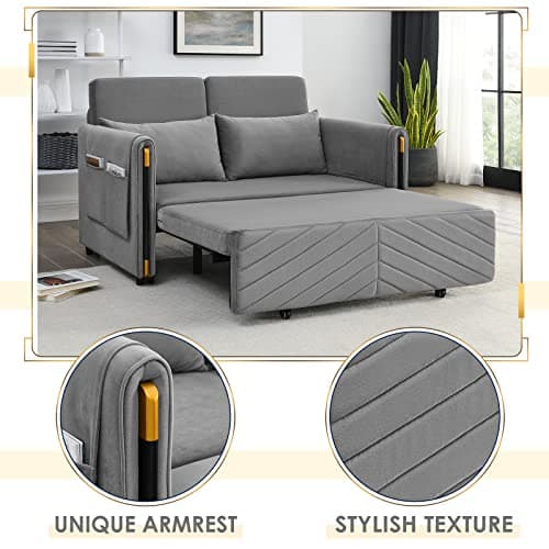 Modern Velvet Convertible Sleeper Sofa Bed with Headboard, Small Love Seat for Small Space, Grey