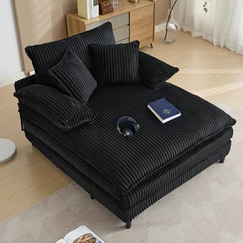 55” Black Corduroy Oversized Comfy Lounge Chaise Chair with 3 Throw Pillows, 4-Position Adjustable Backrest