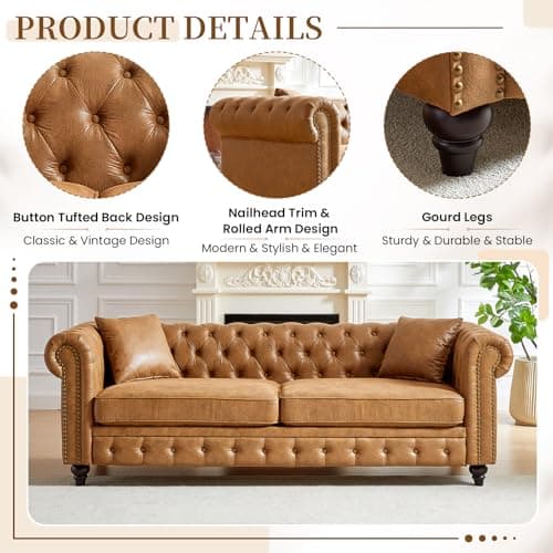 Mid Century Modern Button Tufted Loveseat & 3 Seater Brown Couch Set
