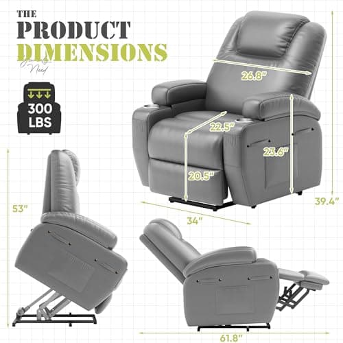 JUMMICO Electric Recliner with Footrest and Massage for Elderly (Gray Leather)