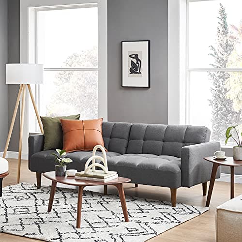 Mid Century Modern Futon Couch for Living Room and Bedroom - Pecan Brown, Faux Leather