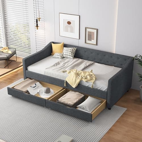 Twin Size Daybed with Storage - Upholstered Frame with Drawers & Button Tufted Backrest