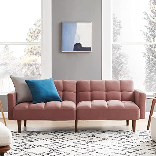 Mid Century Modern Futon Couch for Living Room and Bedroom - Pecan Brown, Faux Leather