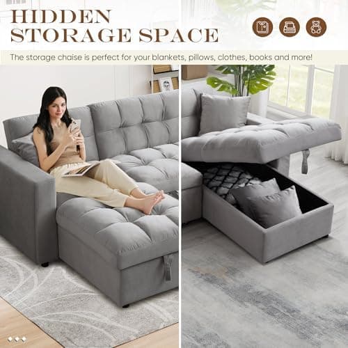 Convertible Sleeper Sofa Bed,82.6"W Velvet Tufted L Shaped Sectional Couch with Adjustable Back & Reversible Storage Chaise,Modern Futon Pull Out Couch Bed for Living Room,Apartment,Small Place(Grey)
