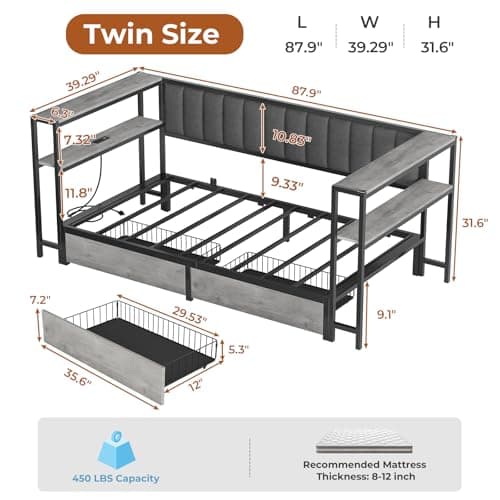 Twin Daybed with Shelves & Charging Station, Oak Gray, Living Room Bed
