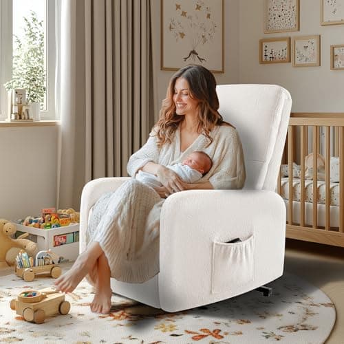 Jocisland Electric Recliner for Elderly, Teddy White with High Back & Side Pocket