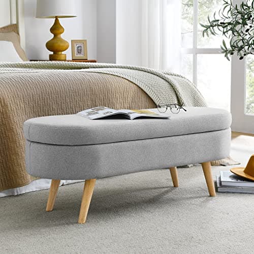End of Bed Storage Ottoman Bench, 43 Oval Linen Fabric Vanity Bench