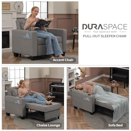 DURASPACE 3-in-1 Convertible Pull Out Sofa Bed with USB, Gray Faux Leather for Living Room