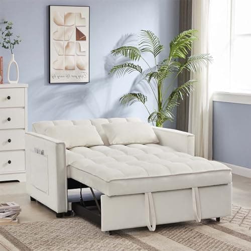JEEOHEY Off White Convertible Sleeper Sofa Bed, Modern Velvet 53" Sofa Bed for Small Space & Living Room