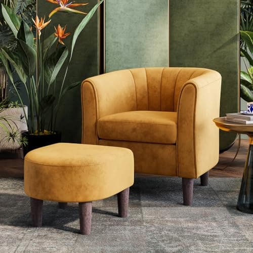 LINSY Velvet Accent Chair with Ottoman, Modern Barrel Reading Chair, Yellow