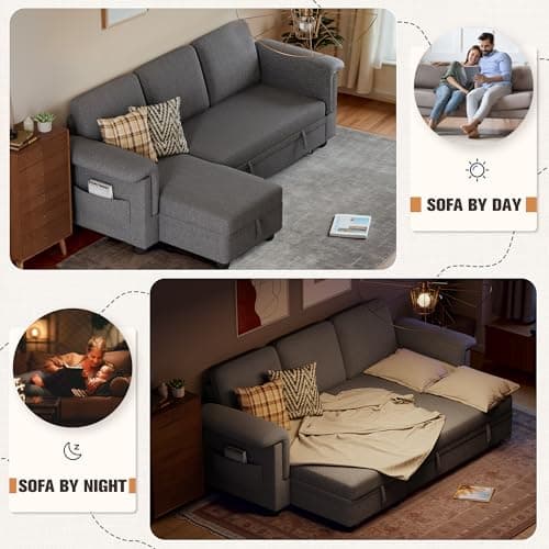 Homall Dark Grey Linen L-Shaped Sleeper Sofa with Storage