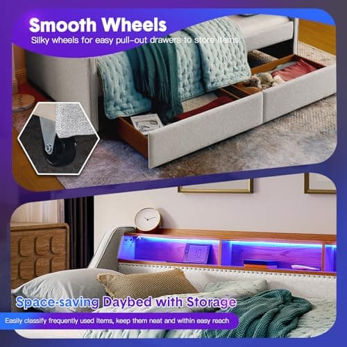 Modern Twin Size Daybed with Storage Drawers, Wireless Charger, and LED Light for Living Room or Apartment