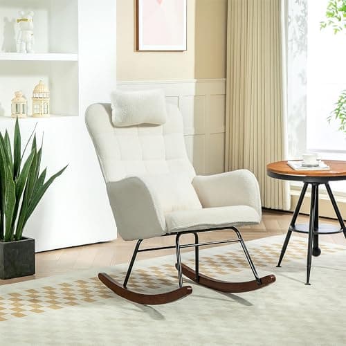 HOMCOM Teddy Fleece Rocking Chair with Headrest, Cream White