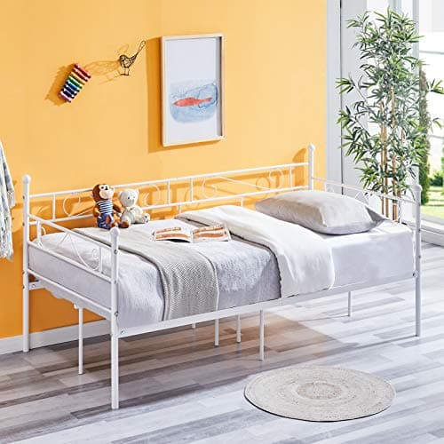 Beige Twin Metal Daybed Frame with Headboard & Mattress Platform Bed