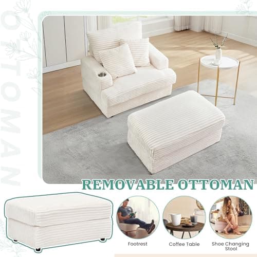 Cozy Chaise Lounge Chair with Ottoman for Indoor, Modern Deep Seat Sofa (White)