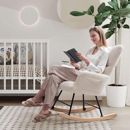 Beige Teddy Upholstered Rocking Chair with High Backrest for Bedroom & Living Room
