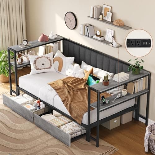 Twin Daybed with Shelves & Charging Station, Oak Gray, Living Room Bed