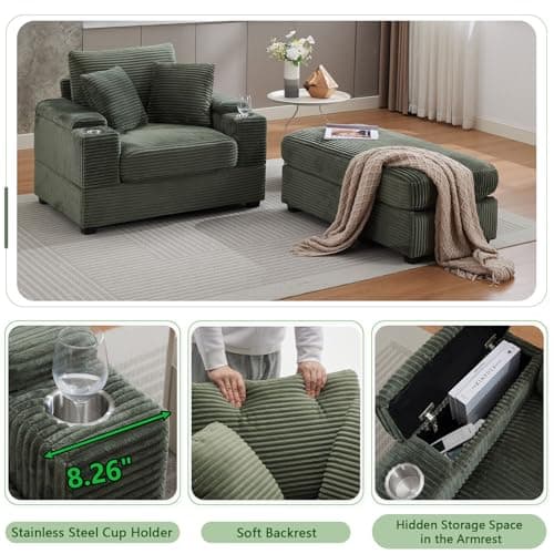 Oversized Green Corduroy Chaise Lounge with Storage & Ottoman, Reclining Sofa Bed