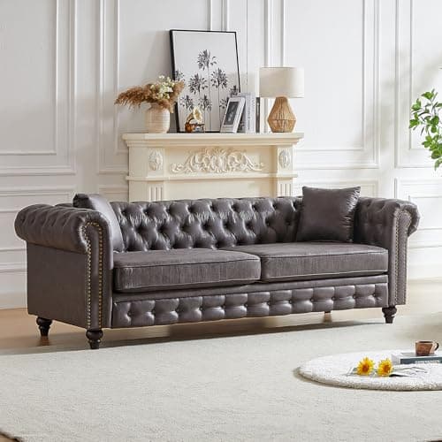 Mid-Century Modern Black 2-Seater Chesterfield Sofa with Nailhead Trim