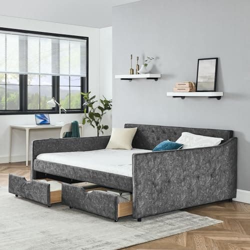Queen Size Daybed with 2 Drawers, Upholstered Sofa Bed with Button Back and Waved Arms, Wood Slat Support - Grey