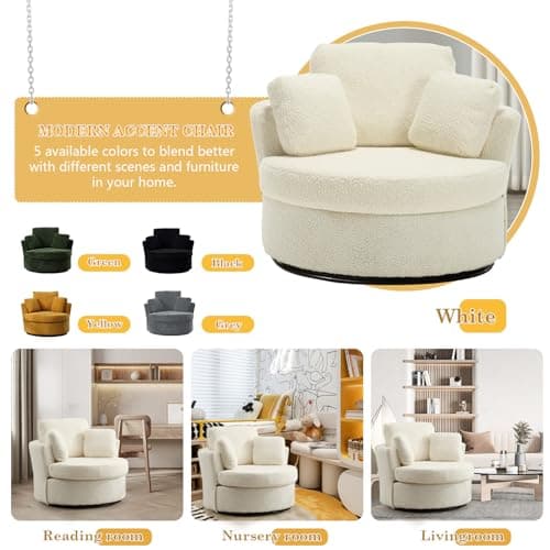 Oversized Ivory Swivel Arm Chair with 3 Pillows for Living Room, Bedroom, and Reading