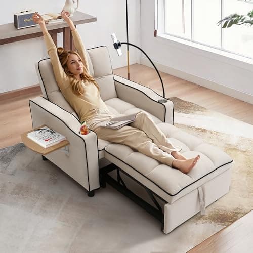 3-in-1 Velvet Tufted Recliner Sleeper Chair Bed with Phone Holder & Side Table (Blue)