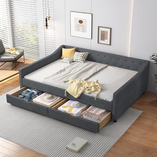 Full Size Upholstered Day Bed with Drawers & Tufted Back, Dark Grey