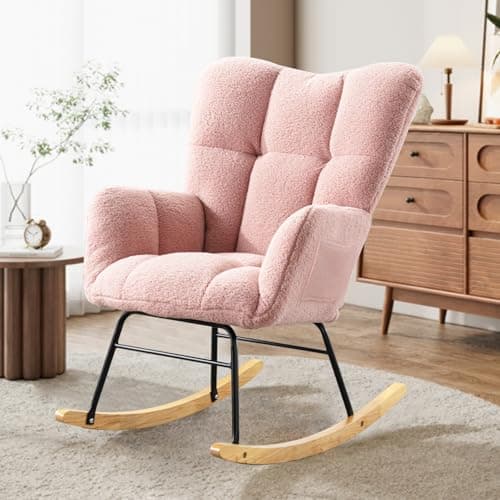 Beige Teddy Upholstered Rocking Chair with High Backrest for Bedroom & Living Room