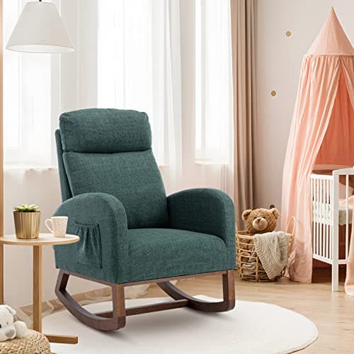 Modern Nursery Rocking Chair with Solid Wood Legs and Side Pockets