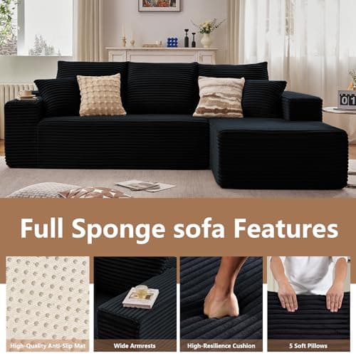 107" Modern Black Corduroy L-Shaped Sofa, Deep Seat Chaise for Living Room