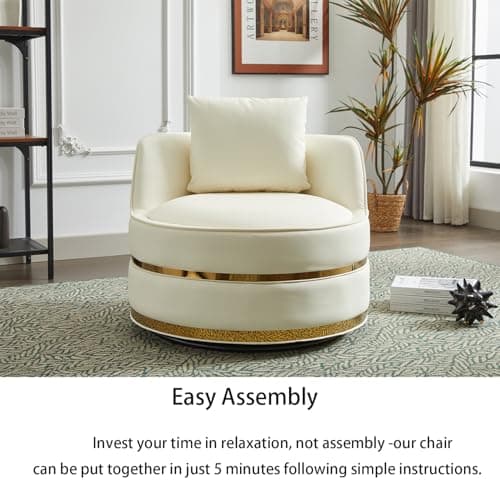 360° Swivel Faux Leather Chair, Plump Pillow Round Reading Lounge for Living Room & Bedroom, Easy Assembly