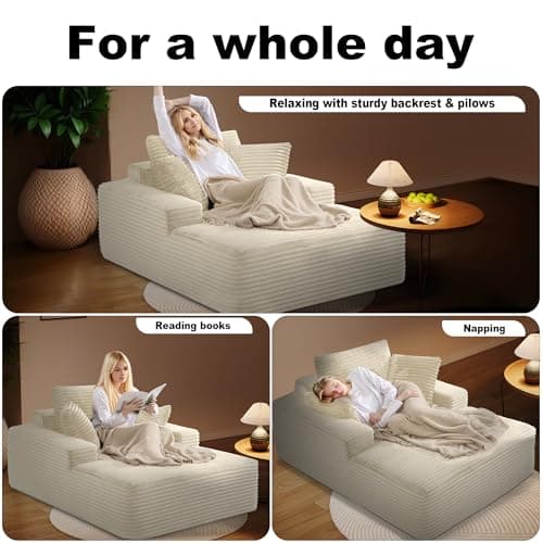Beige White Oversized Chaise Lounge Chair with Faux Fur & 3 Pillows for Living Room