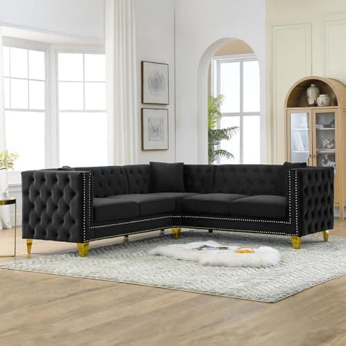 Oversized Velvet L Shaped Chesterfield Sofa with Deep Seat Corner, Button Nailhead Detail, Grey Color