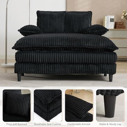 55” Black Corduroy Oversized Comfy Lounge Chaise Chair with 3 Throw Pillows, 4-Position Adjustable Backrest